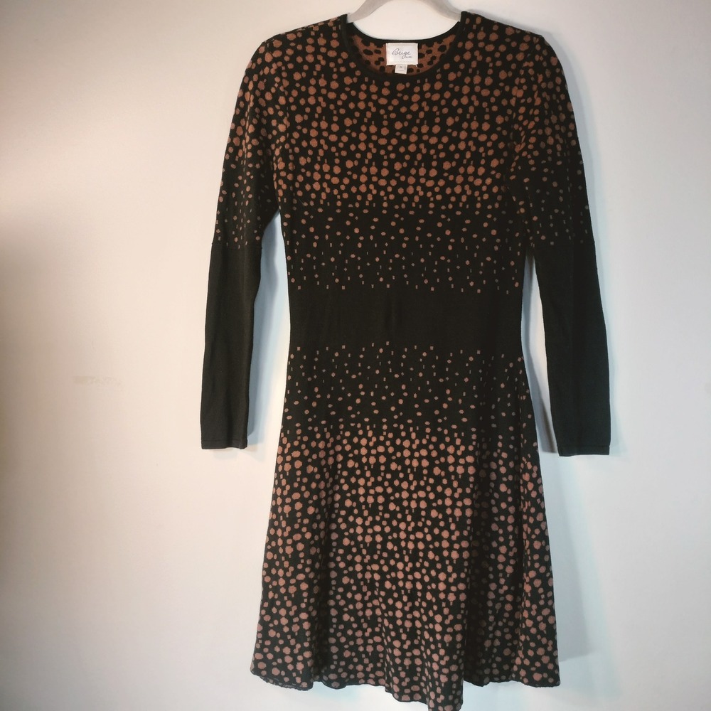Beige by ECI Womens Black Tan Polka Dot Knit Fit Flare Sweater Dress Medium